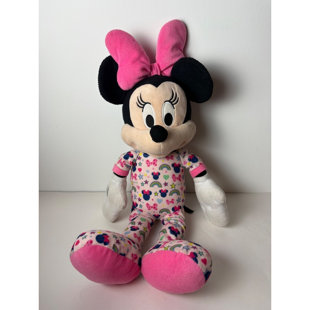 Disney Minnie Mouse Plush Pajamas Rainbow Stars Hearts Pink Bow‎ 14 Inch Toy